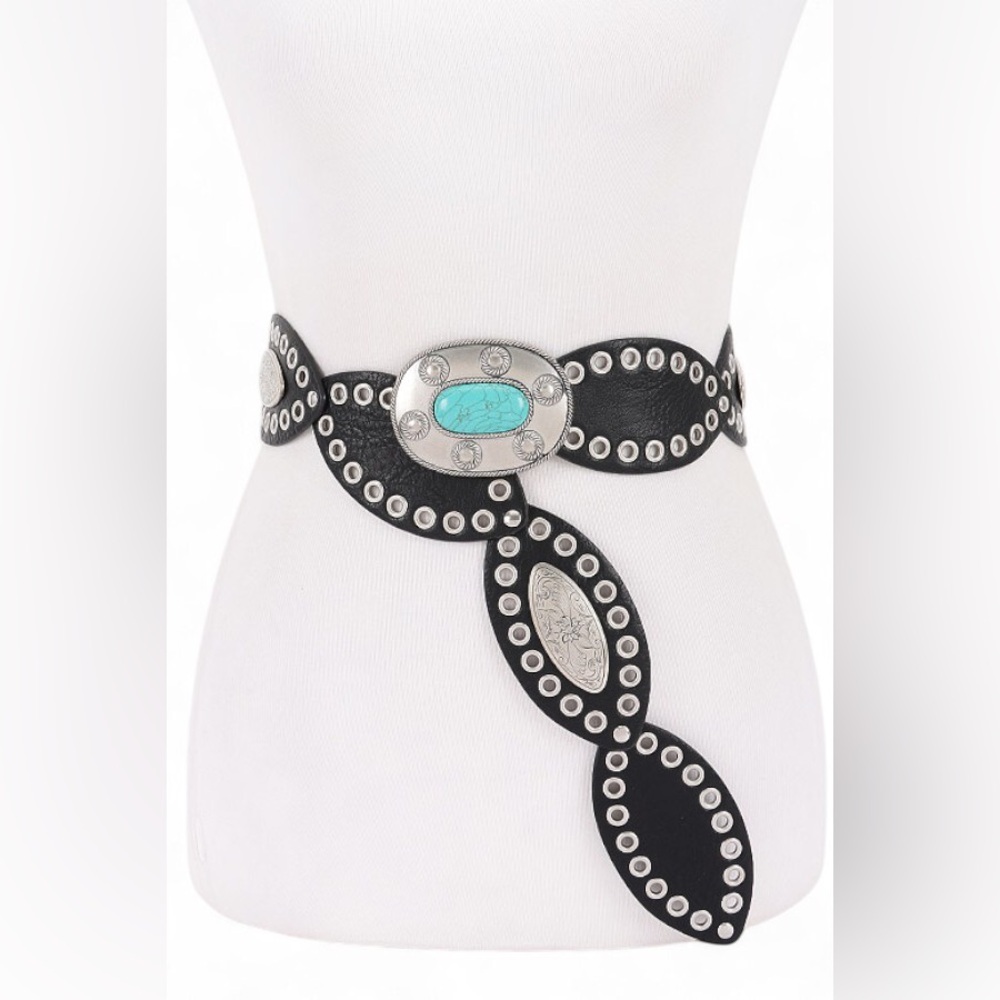 Vegan Leather Western Concho Statement Belts with Turquoise Accents